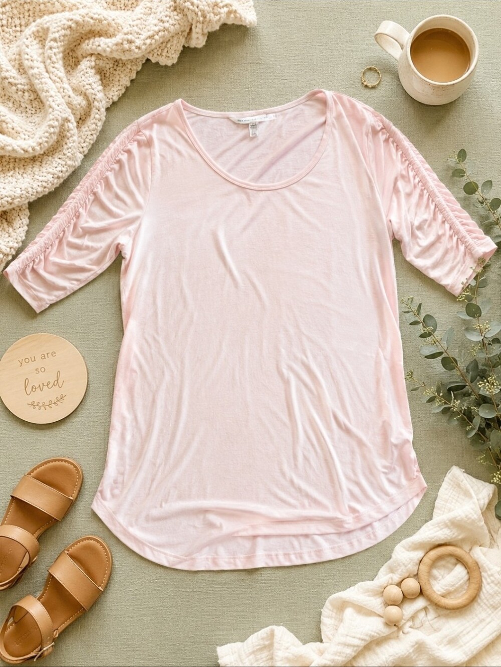 The Nines by HATCH Maternity Pink Ruched Sleeve Top Medium Stretch Postpartum